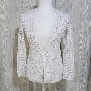 Eddie Bauer Hand-Crocheted White Open Knit Cardigan Sweater, Women's Medium